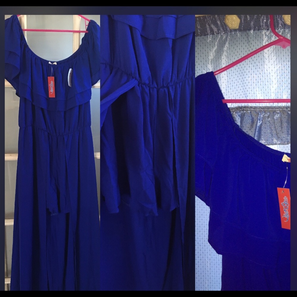 Royal blue shorts off the shoulder jump suit
